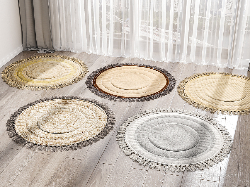 Four Round Rugs Beige Light Gray Brown Trim Woven Fringe on Wooden Floor Bright Room 3d model 