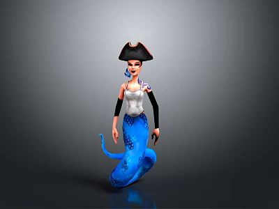 3D Model Of Pirate Mermaid With Black Tricorne Hat White Top And Blue Spotted Tail 3d model