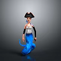 3D Model Of Pirate Mermaid With Black Tricorne Hat White Top And Blue Spotted Tail