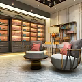 Elegant Luxury Showroom Interior With Golden Display Shelves And Marble Floor