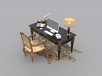 Elegant Classic Desk With Black Surface Gold Accents Computer Lamp Chair And Zebra Print Rug 3d model