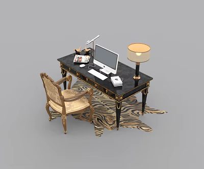 Elegant Classic Desk With Black Surface Gold Accents Computer Lamp Chair And Zebra Print Rug 3d model