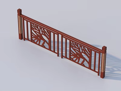 Elegant Red Decorative Railing Featuring Intricate Leaf Carved Patterns and Strong Posts 3d model