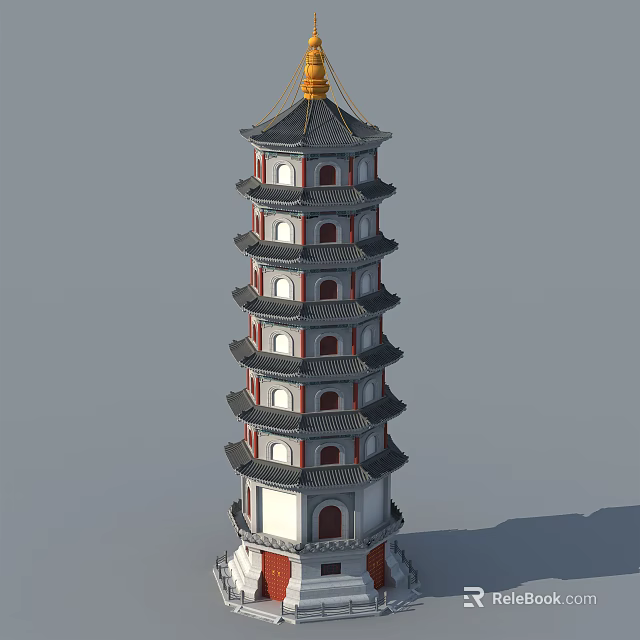 Traditional Chinese Pagoda with Multiple Floors White Red Black Design and Golden Top Decoration 3d model 