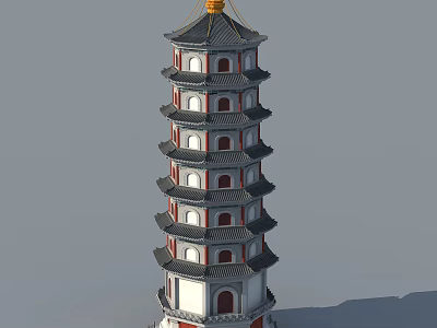Traditional Chinese Pagoda with Multiple Floors White Red Black Design and Golden Top Decoration 3d model
