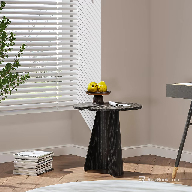Round Top Black Textured Side Table With Yellow Fruits Bowl And Sunlight Through Blinds 3d model 