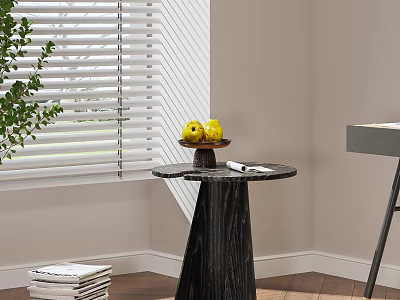 Round Top Black Textured Side Table With Yellow Fruits Bowl And Sunlight Through Blinds 3d model