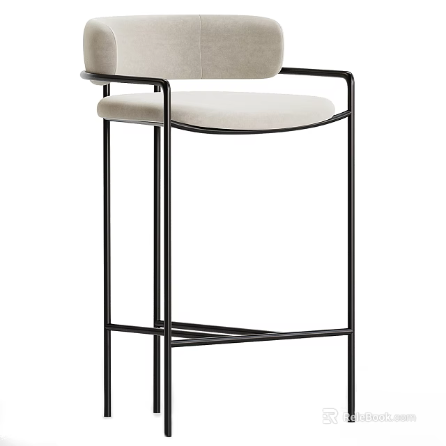 Minimalist Modern Bar Stool With Black Metal Frame Beige Upholstered Seat And Backrest 3d model 