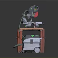 Woodworking Miter Saw Set Up On Workbench With Long Rail And Dust Extractor