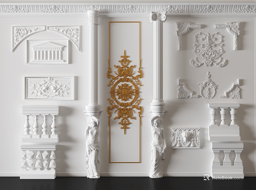 Classical White Roman Columns With Golden Ornaments And Intricate Relief Carvings 3d model 