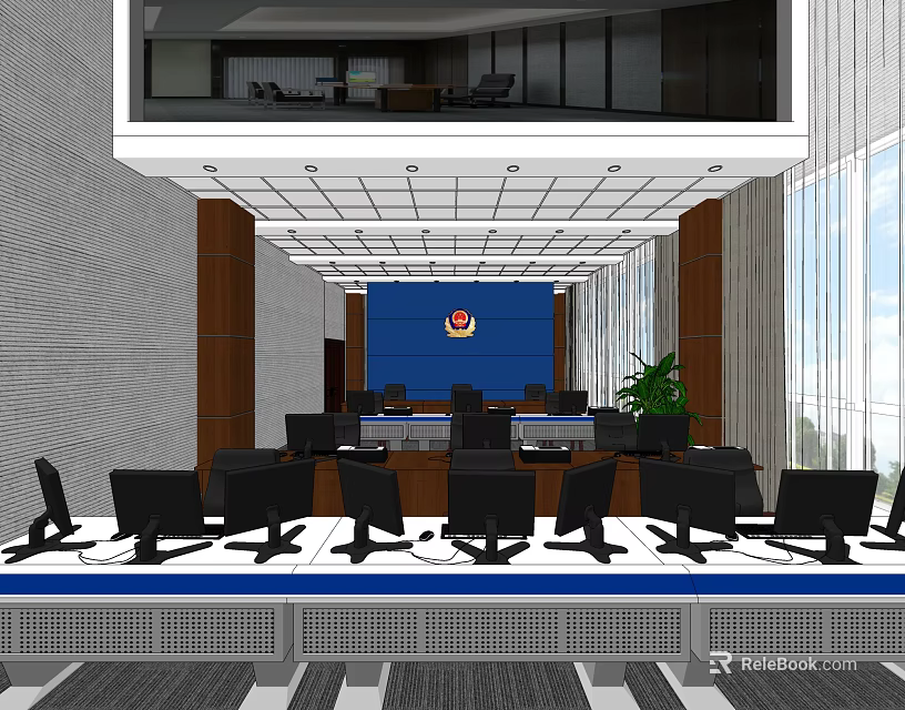 Modern Control Room Interior With Multiple Monitors Large Blue Screen And Console 3d model
