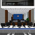 Modern Control Room Interior With Multiple Monitors Large Blue Screen And Console 3d model