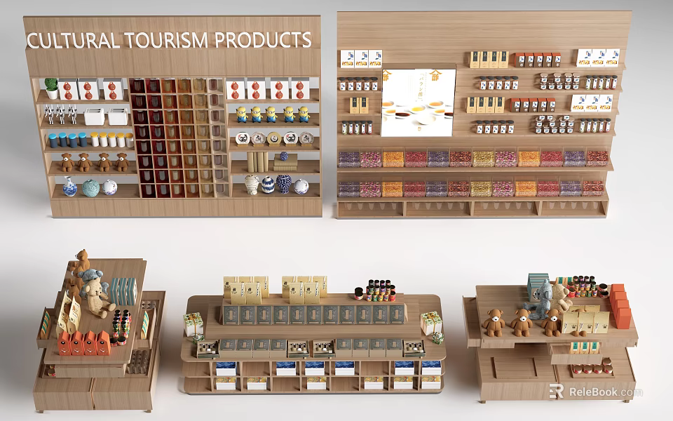 Natural Light Wooden Display Shelves And Cabinets For Cultural Tourism Products In Modern Retail Stores 3d model 