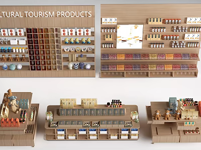 Natural Light Wooden Display Shelves And Cabinets For Cultural Tourism Products In Modern Retail Stores 3d model