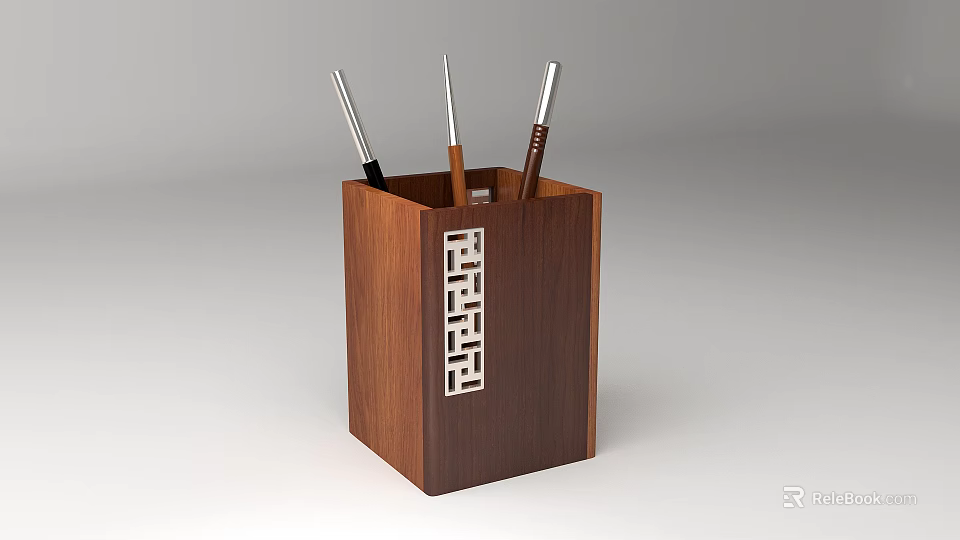 Wooden Pen Holder With Geometric Cutout Design And Multiple Writing Pens 3d model 