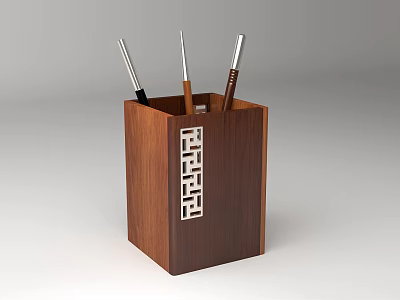 Wooden Pen Holder With Geometric Cutout Design And Multiple Writing Pens 3d model