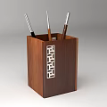 Wooden Pen Holder With Geometric Cutout Design And Multiple Writing Pens
