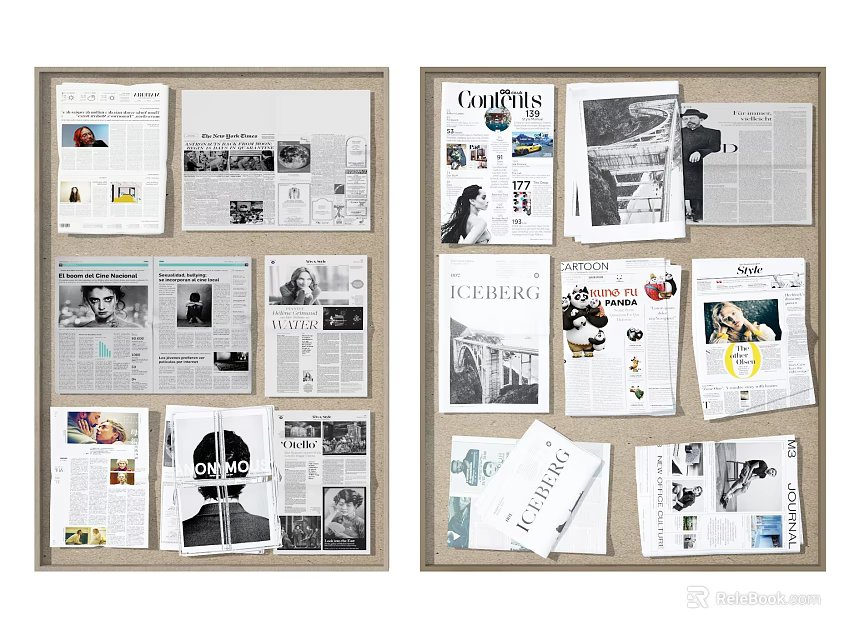 Creative Collage Display Of Pinned Magazines And Newspapers On Bulletin Boards 3d model 