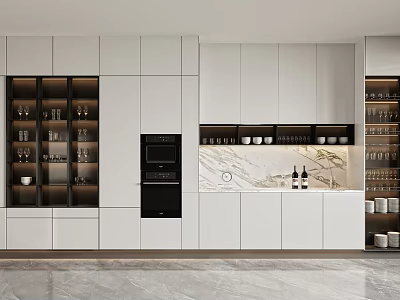Modern Kitchen Interior Design With Sleek Wine Cabinet Glass Doors And Displayed Wine Glasses 3d model