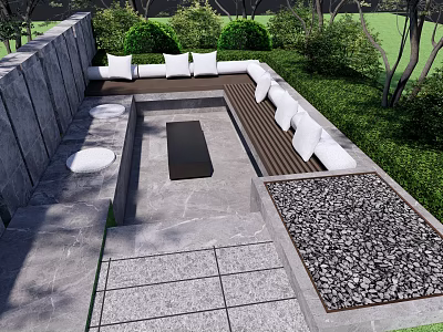 Outdoor Landscape Seating With Stone Wall Greenery Stone Flooring White Cushions And Black Table 3d model