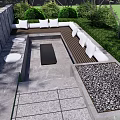 Outdoor Landscape Seating With Stone Wall Greenery Stone Flooring White Cushions And Black Table