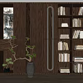 Modern Wooden Bookcase Design With Layered Shelves Green Plant And Decorative Art