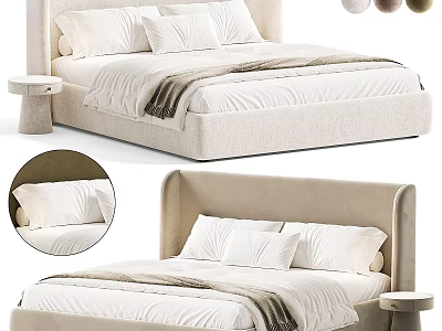 Modern Double Bed Interior With Beige Headboard White Linens Nightstand And Decorative Balls 3d model
