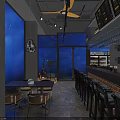 Modern Bar Interior With Hanging Wine Glasses Bar Counter Stools Decorative Signs And Warm Lighting