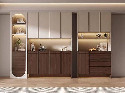 Modern Shoe Cabinet with Wooden Doors Drawers Shelves and Decorative Plants 3d model