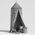 Gray Bed Canopy With Hanging Star Decorations And Soft Teddy Bear 3d model