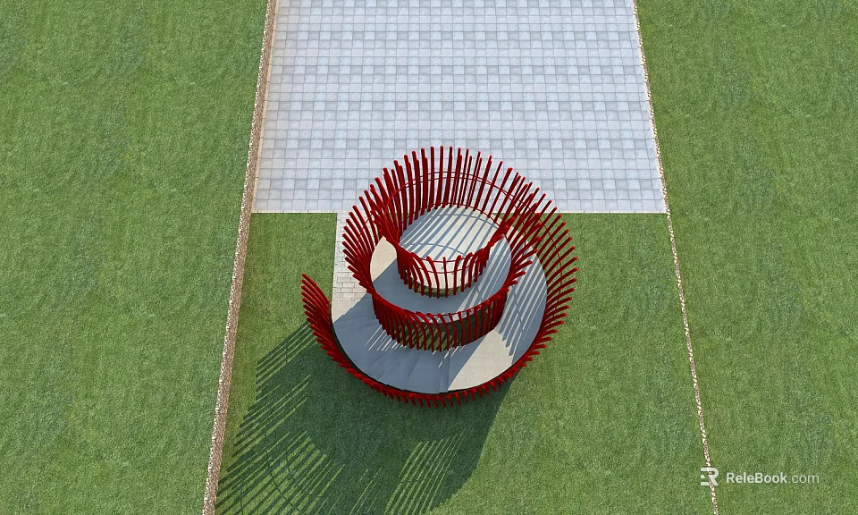 Modern Red Spiral Tower Structure In Grass Field With Stone Pavement 3d model
