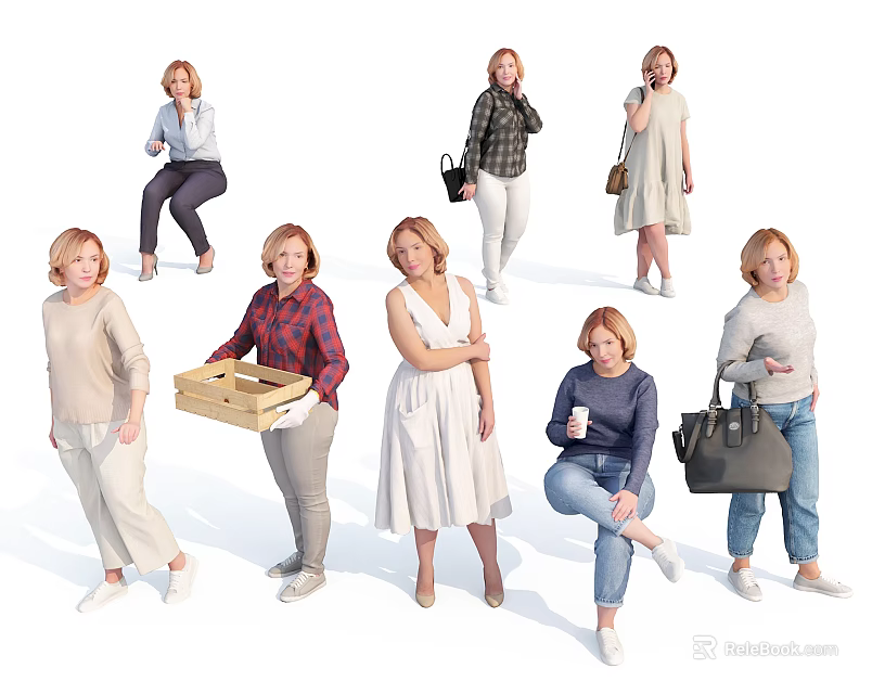 Women In Various Poses With Casual Outfits Holding Pizza Box Coffee Cup And Handbags 3d model 
