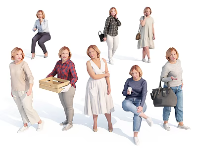 Women In Various Poses With Casual Outfits Holding Pizza Box Coffee Cup And Handbags 3d model