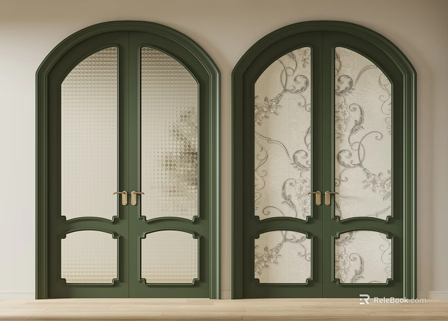 Elegant Green Double Doors Arched Design With Decorative Glass And Golden Handles 3d model 