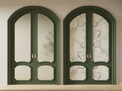 Elegant Green Double Doors Arched Design With Decorative Glass And Golden Handles 3d model
