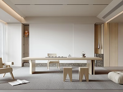 Modern Tea Room Interior Design With Wooden Tea Table And Minimalist Seating 3d model