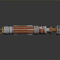 Red And Silver Lightsaber Weapon With Wooden Texture Metal Components Golden Tip And Glowing Effect