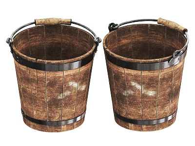 Rustic Wooden Buckets With Metal Hoops And Wooden Handles For Household Use 3d model