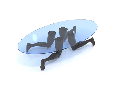 Modern Coffee Table With Blue Oval Glass Top And Black Sculpted Legs 3d model
