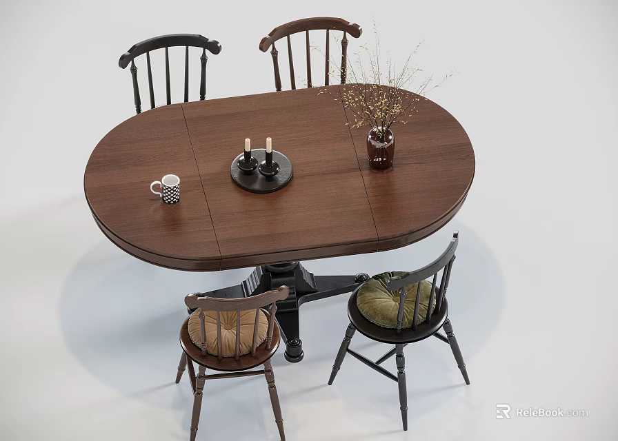 Oval Wooden Dining Table Set With Four Chairs Candle Holder Coffee Mug And Dried Flowers 3d model 