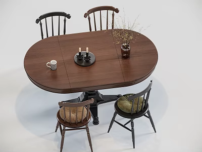 Oval Wooden Dining Table Set With Four Chairs Candle Holder Coffee Mug And Dried Flowers 3d model