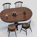 Oval Wooden Dining Table Set With Four Chairs Candle Holder Coffee Mug And Dried Flowers
