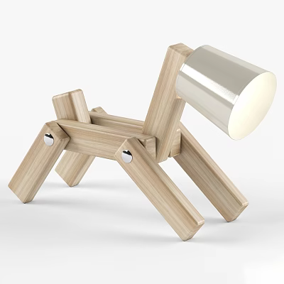 Wooden Dog Shaped Table Lamp with Silver Metal Illuminated Lampshade Modern Minimalist Design 3d model