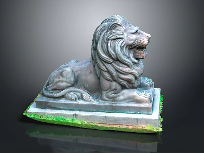 Stone Lion Statue In Lying Posture With Mane On Base And Green Grass 3d model