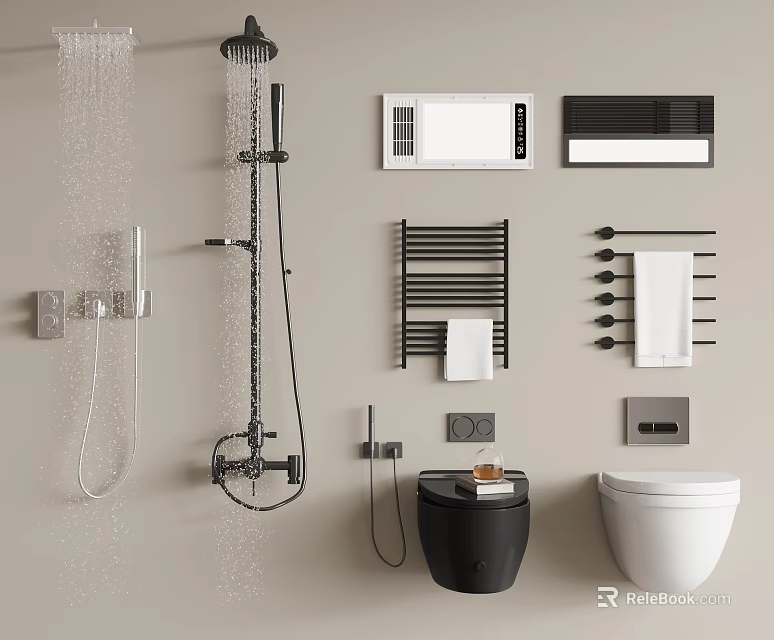 Modern Bathroom Set With Shower System Towel Rack Toilet And Storage Unit 3d model 