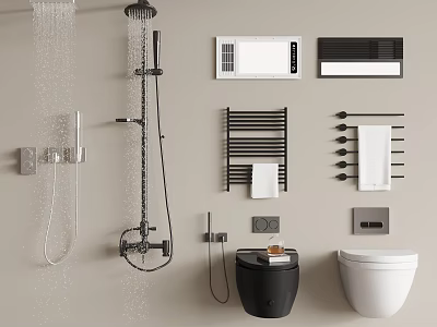 Modern Bathroom Set With Shower System Towel Rack Toilet And Storage Unit 3d model