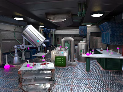 Industrial Lab Interior With Metal Equipment Pipes Purple Flasks And Metal Floor 3d model