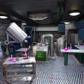 Industrial Lab Interior With Metal Equipment Pipes Purple Flasks And Metal Floor