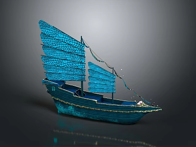 Traditional Blue Decorative Boat With Multiple Blue Sails And Gold Accents 3d model