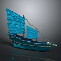Traditional Blue Decorative Boat With Multiple Blue Sails And Gold Accents